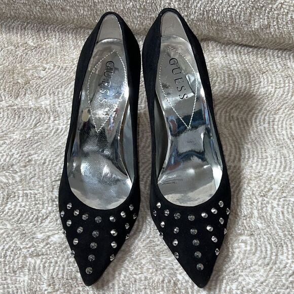 GUESS Suede Stiletto Heels with Silver Studs Black "WGMAIRE" Sz 6 - Picture 3 of 7